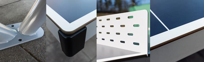 Tischtennisplatten Eigenschaften: Füsse aus verzinktem Stahl, 9mm dicke Melaminharzplatte, Sicherheit dank runden Tischecken und stabiles Tischtennisnetz